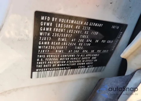 2017 Volkswagen Tiguan Wolfsburg z USA, uszkodzony, nr VIN WVGSV7AX5HK009741